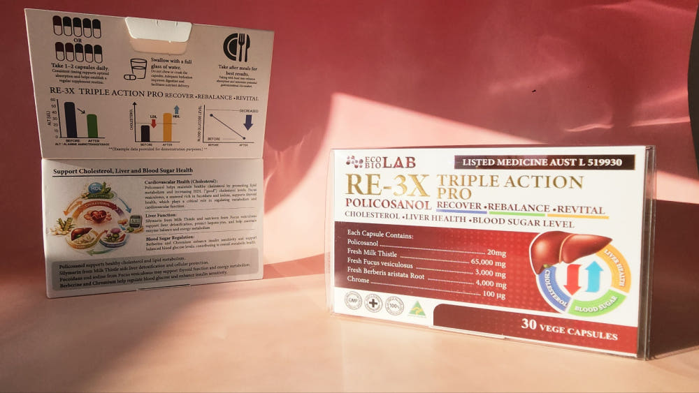 ECO BIO LAB (에코바이오랩) : RE-3X Triple Action PRO (리-트리플 액션 프로) : 폴리코사놀 / 밀크씨슬 / 베르베린 / 후코이단 / 크롬 30 캡슐