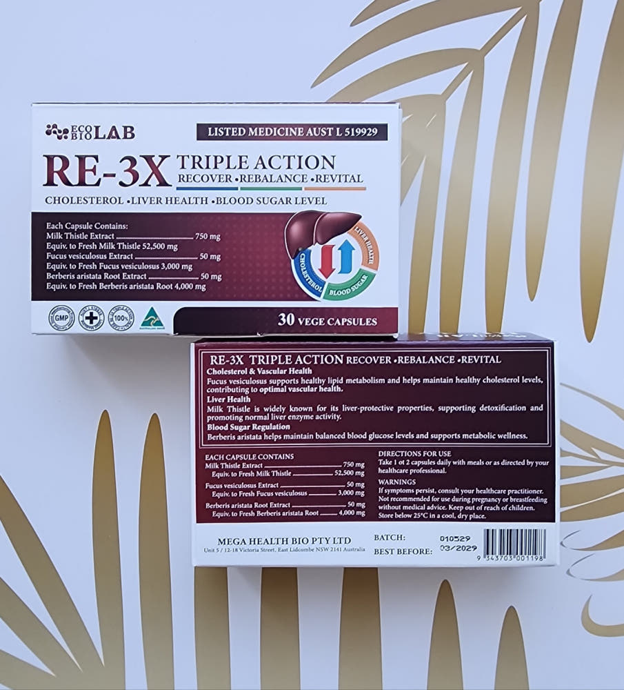 ECO BIO LAB (에코바이오랩) : RE-3X Triple Action (리-트리플 액션) : 밀크씨슬, 베르베린, 후코이단 30 캡슐(1개월)